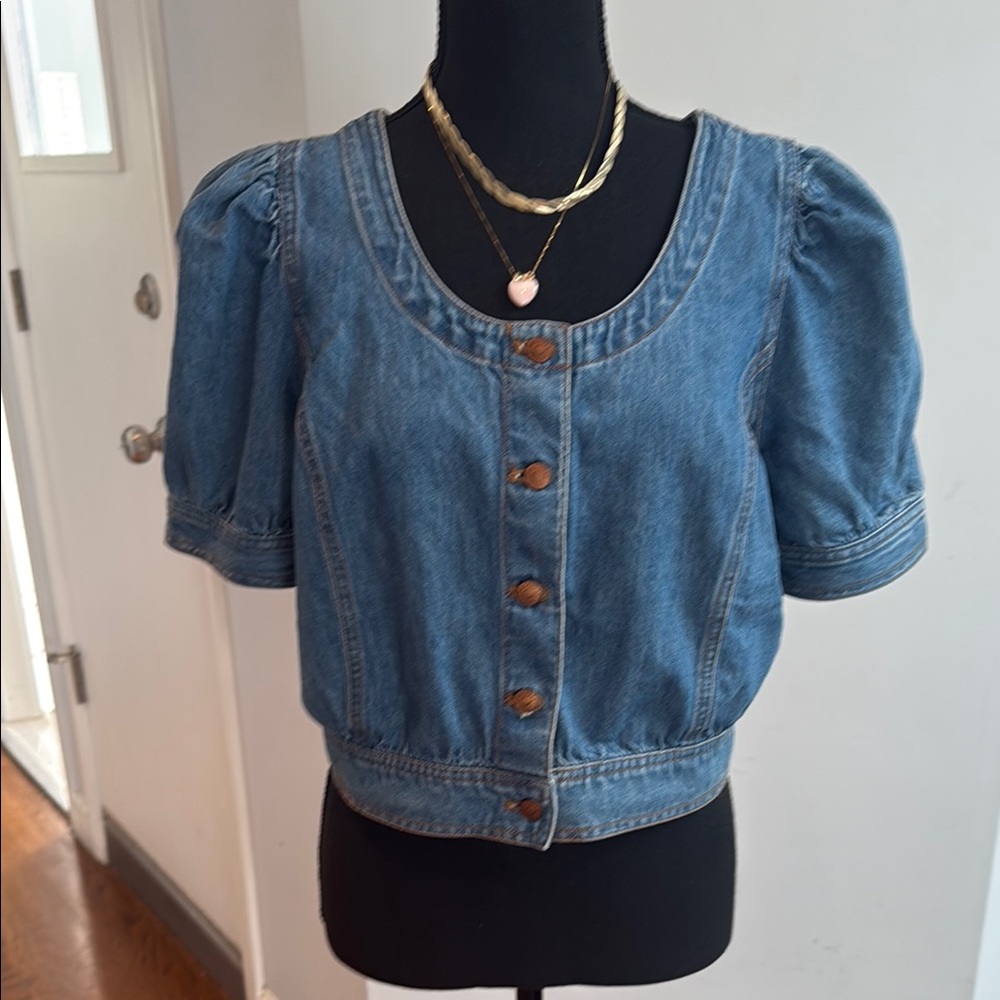 Madewell Blue Puff Sleeve Crop denim top